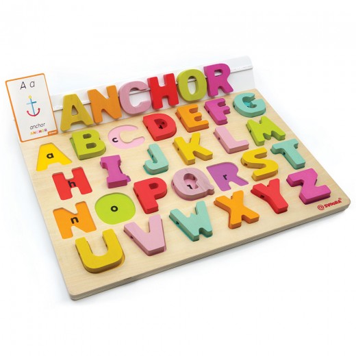 Puzzle Alfabet Litere Mari Din Lemn Plus 50 Flash Carduri Svoora - HotPick