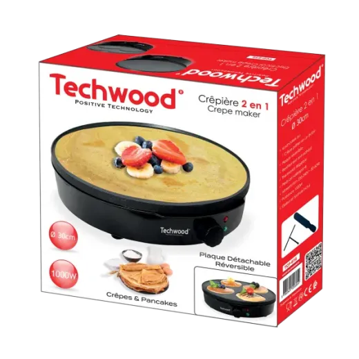 Aparat pentru clatite Techwood TCP-616, 1000W, placa reversibila 30cm, invelis antiaderent - HotPick