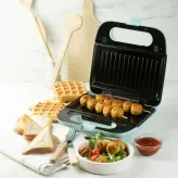Aparat de sandwich 3 in 1 Domo DO1105C cu placi interschimbabile, pentru pregatire sandwich, grill sau waffe, 750 W - HotPick
