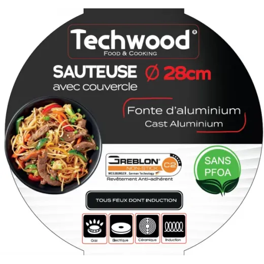 Tigaie saute Techwood TP-28SAU, 28cm, PFOA free, capac sticla - HotPick