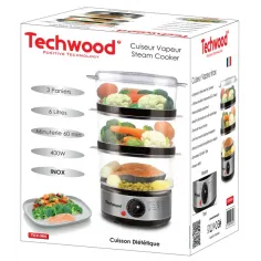Aparat de gatit cu abur Techwood TCV-364, 6L, 3 cosuri, inox, 400W
