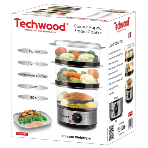 Aparat de gatit cu abur Techwood TCV-364, 6L, 3 cosuri, inox, 400W - HotPick