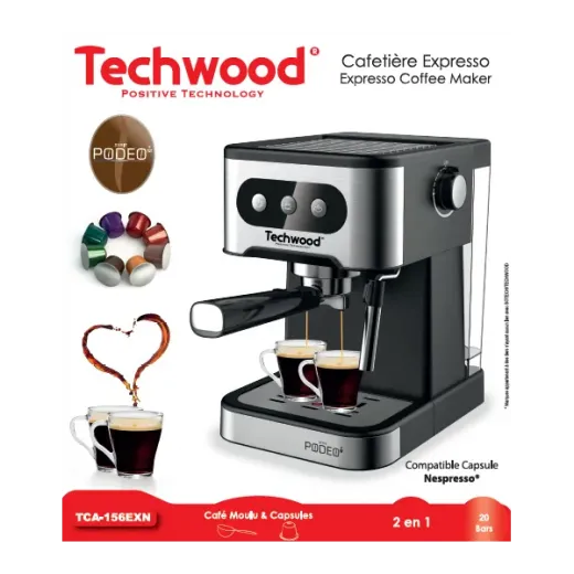 Espressor Techwood TCA-156EXN, 20 bari, 1.5 litri, cafea macinata sau capsule Nespresso