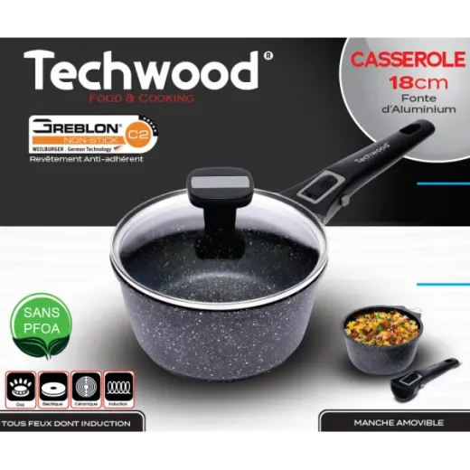 Cratita Techwood TP-18CA, 18cm, maner detasabil, capac sticla, toate sursele de caldura, inclusiv inductie