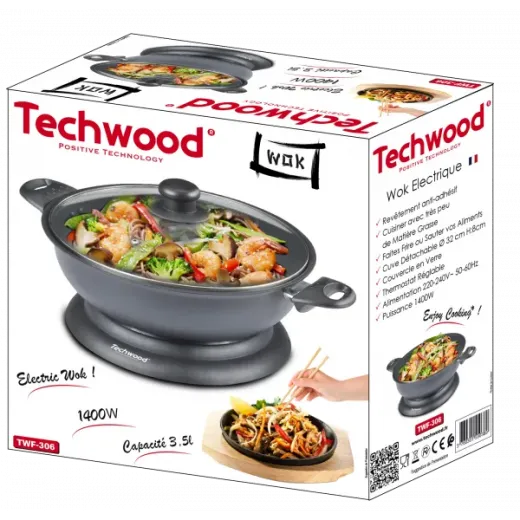 Wok electric Techwood TWF-306, 3.6L, 1400W, bol detasabil Ø32x8 - HotPick